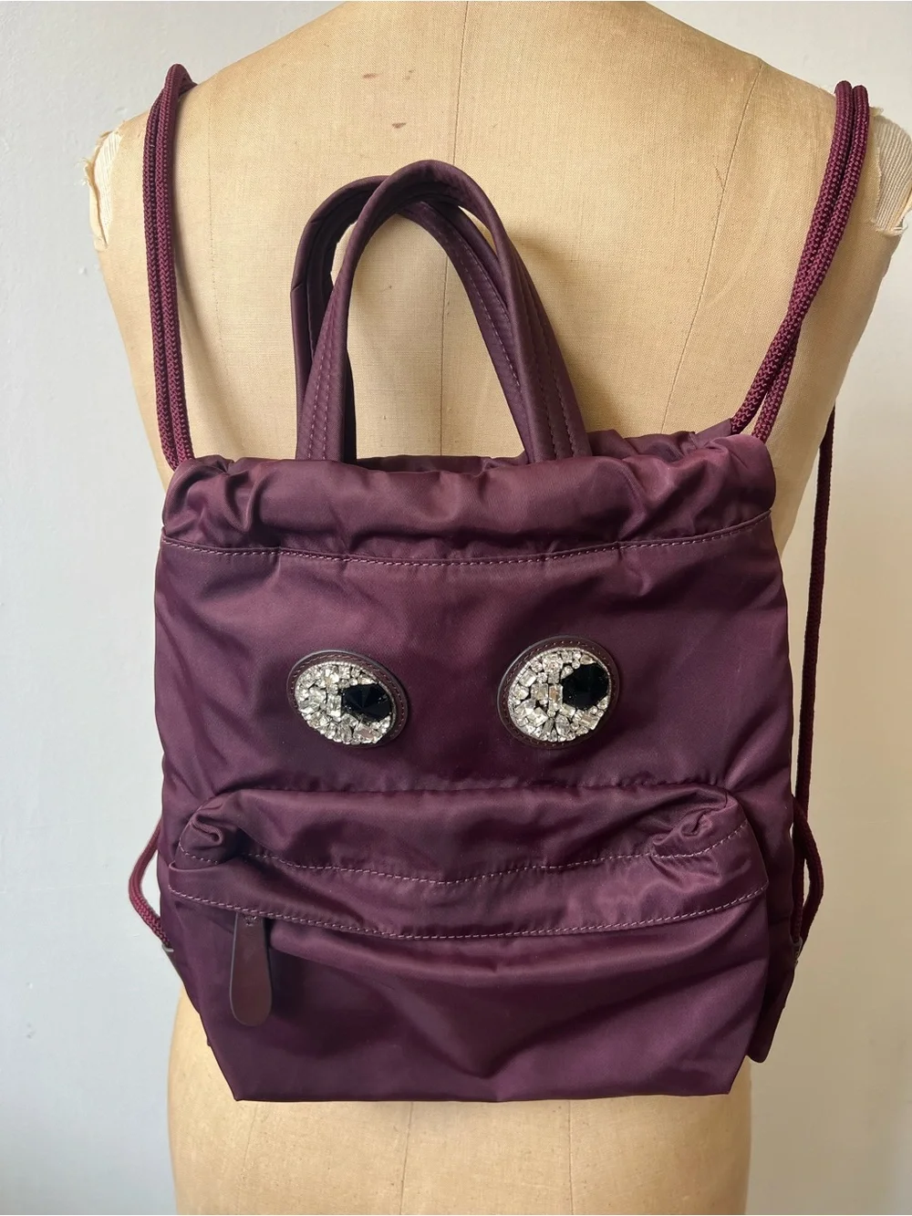 Limited Edition Anya Hindmarch Maroon Mini Crystal Eyes Drawstring Backpack